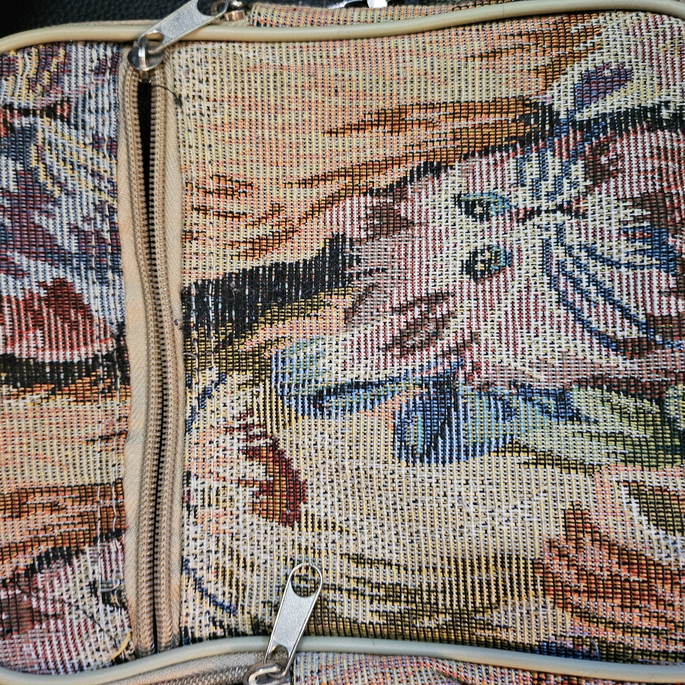 Cream and Blue Cosmetic Bag with Vintage Tapestry Design